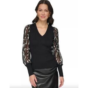 DKNY Women's Chiffon-Sleeve V-Neck Sweater Ribbed Black Size Medium Floral